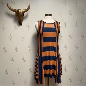 Anna Sui Striped Metallic Shimmer Blue Orange Sheath Dress M Medium Sleeveless